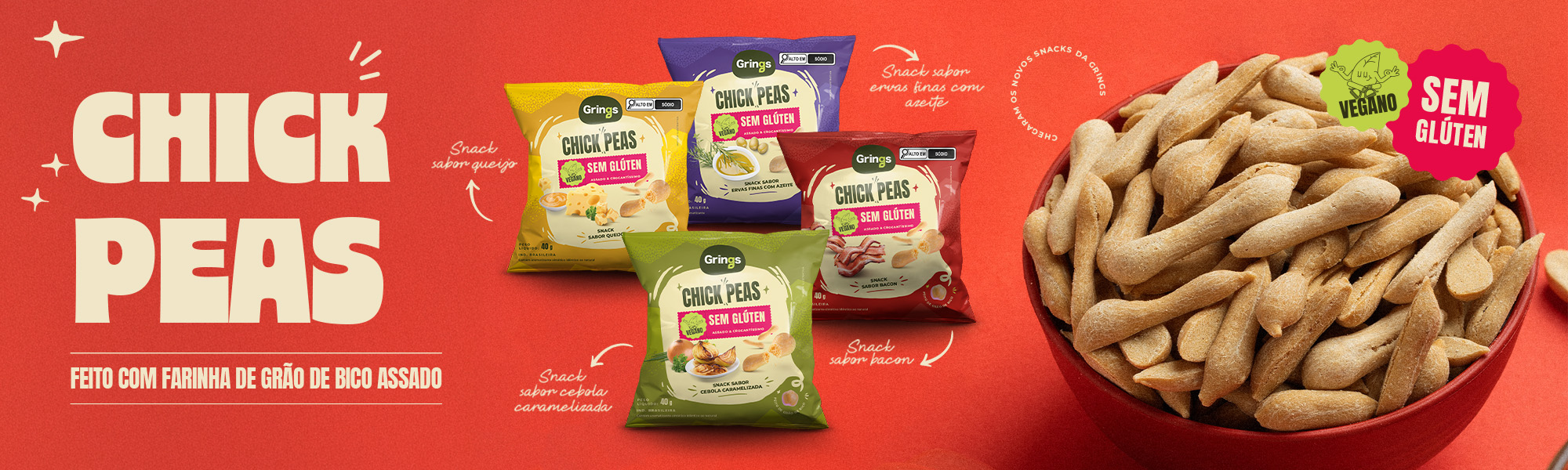 Salgadinho Chick Peas, vegano e sem glúten